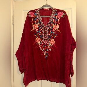 Johnny Was Womens Gemstone Embroidered Blouse Tunic Red
